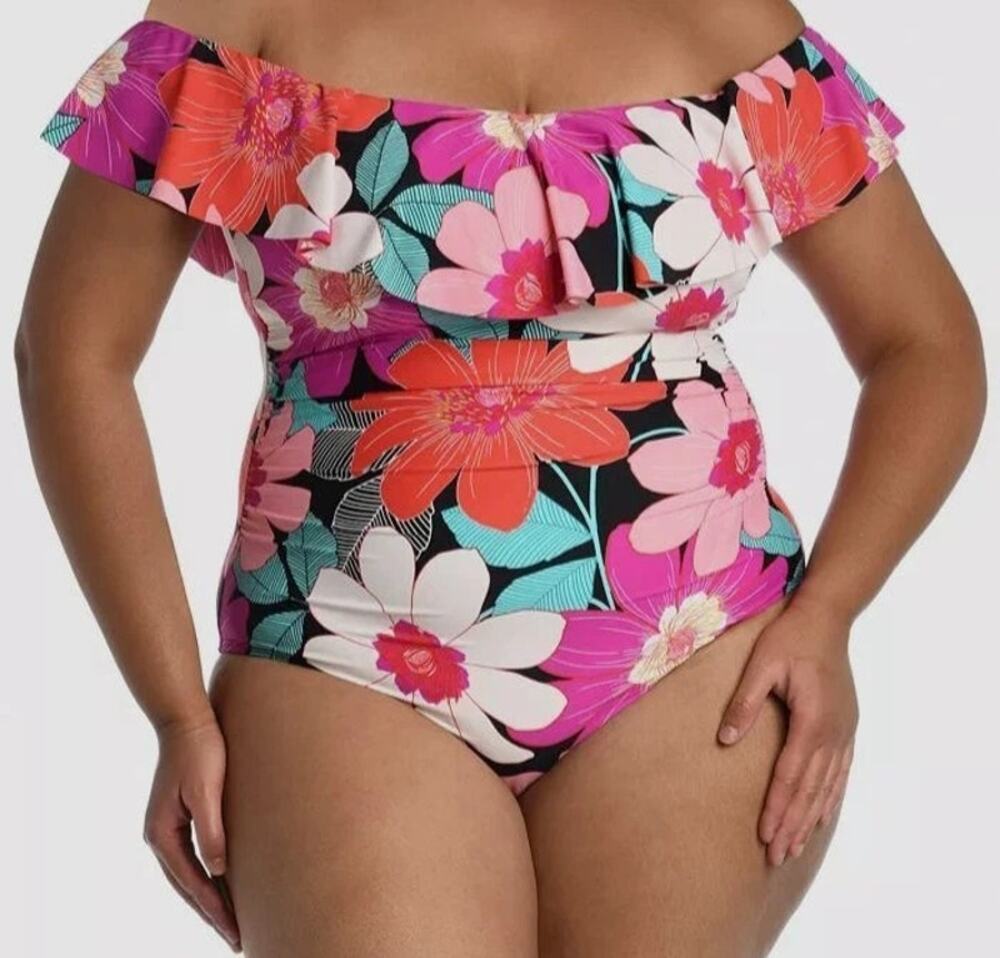 La Blanca One Piece Off Shoulder Swimsuit Size 18W Removable Straps Floral